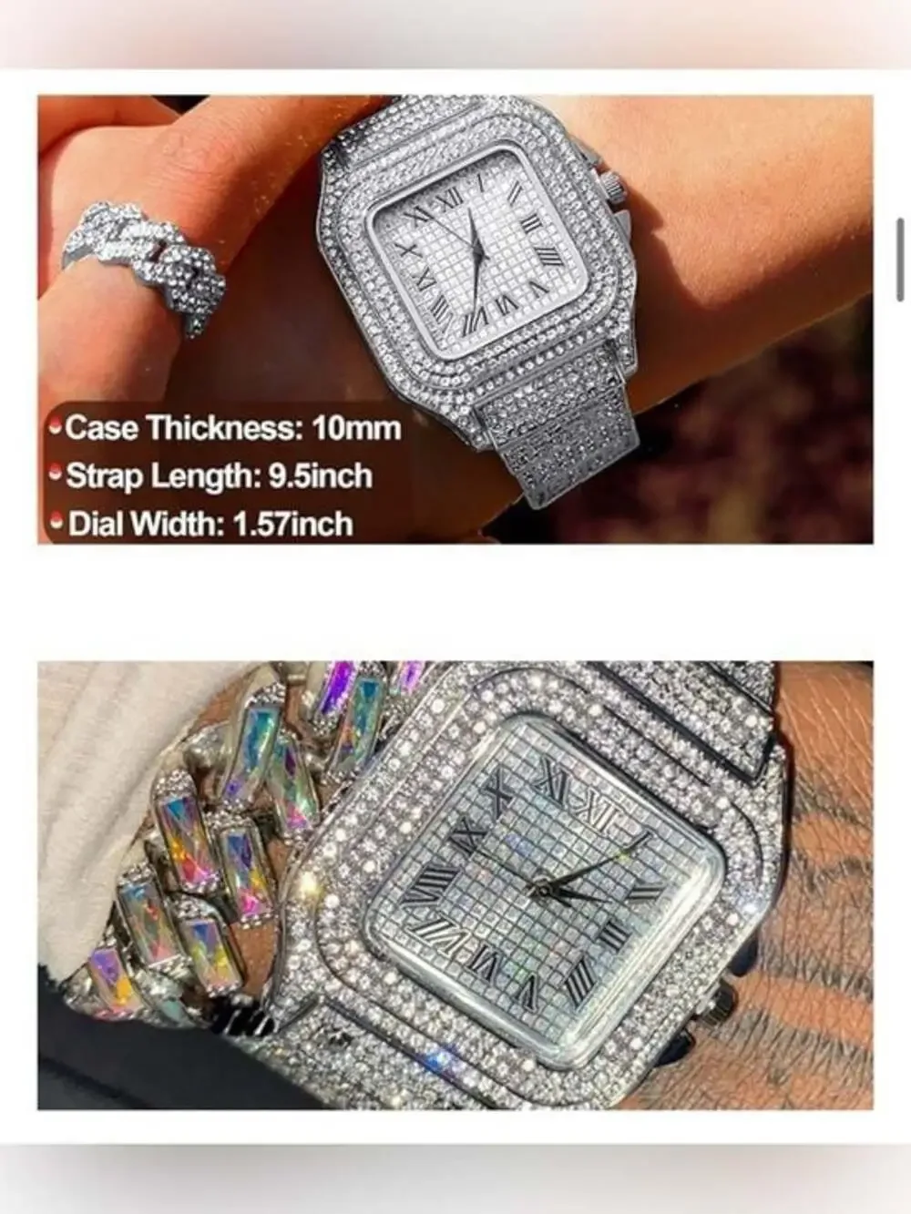 Unisex Men’s Women’s Silver Iced-Out Watch  Bracelet Set